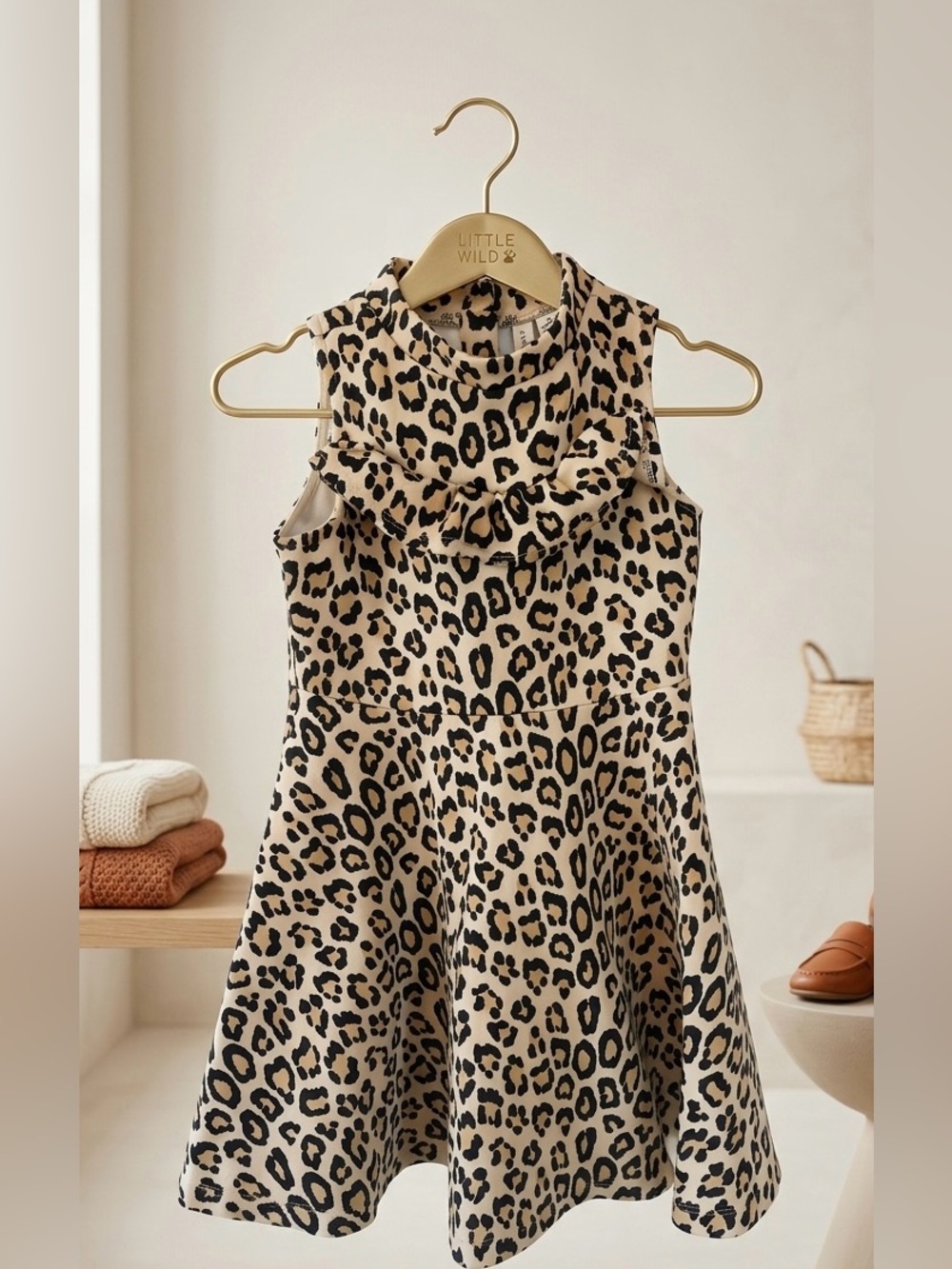 Janie and Jack Beige and Black Leopard Print Dress - Ruffle - size 5T - holiday